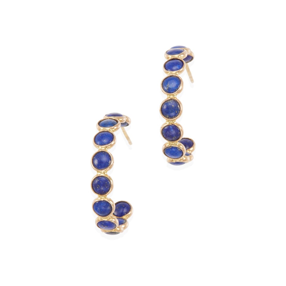 PAIR OF 14K GOLD AND LAPIS LAZULI HOOP EARRINGS: PAIR OF 14K GOLD AND LAPIS LAZULI HOOP EARRINGS • 14k yellow gold • Numerous round double cabochon lapis lazuli 3.95mm • Measures 1 x 7/8 in. • Estimated gross weight: 3.2 gram