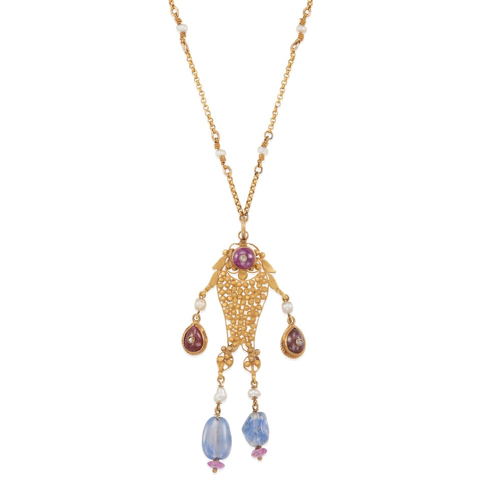 GOLD AND MULTI-GEM NECKLACE: GOLD AND MULTI-GEM NECKLACE • 20k yellow gold pendant, 14k yellow gold chain • 10 cultures seed pearls 2.65 - 3.46 mm • 3 round diamonds of decorative quality • 2 tumbled sapph