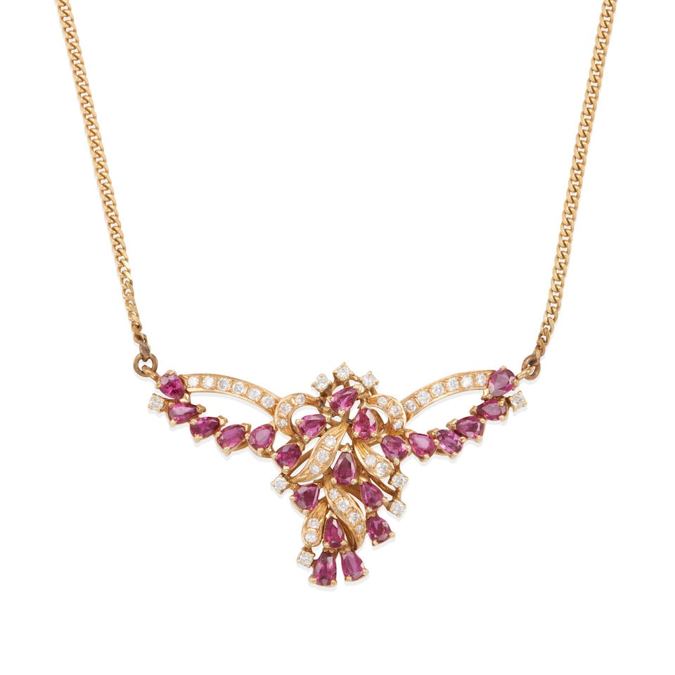 14K GOLD, DIAMOND AND RUBY NECKLACE: 14K GOLD, DIAMOND AND RUBY NECKLACE • 14k yellow gold • Numerous round diamonds weighing approximately 0.35 - 0.45 carat total • Numerous pear-shaped rubies (some may be synthetic)