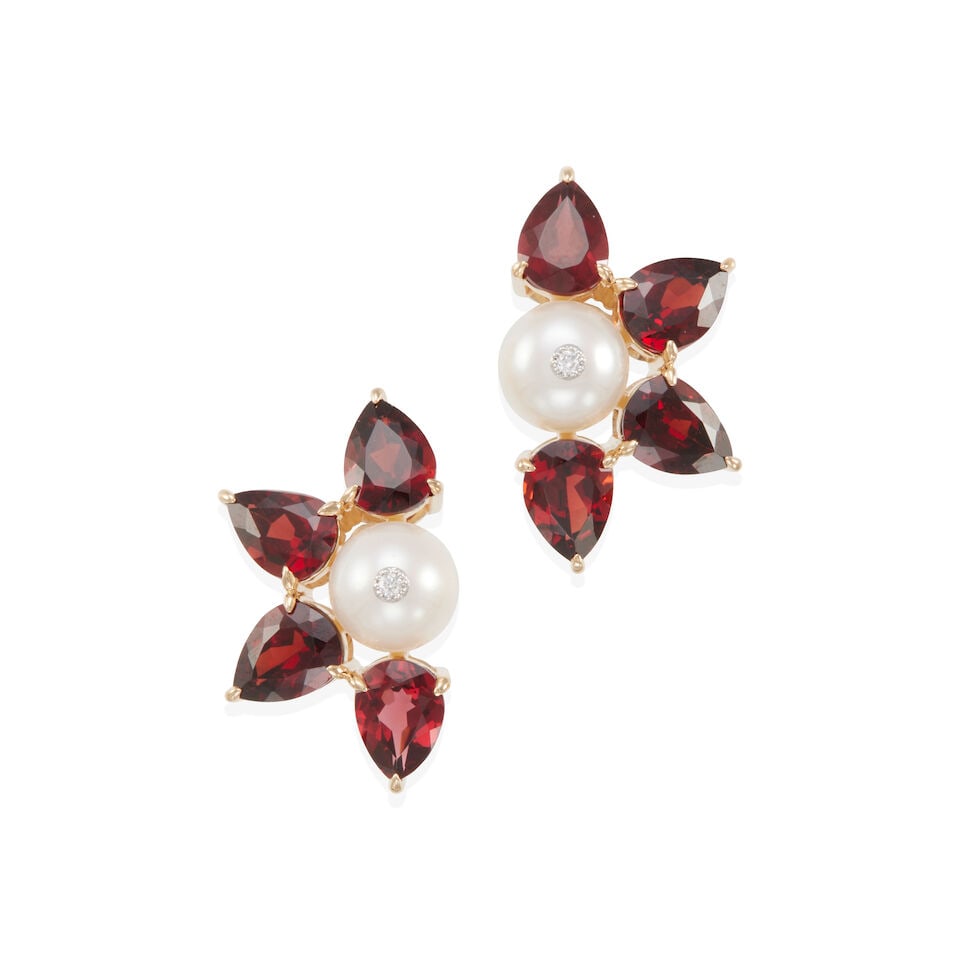 14K GOLD, GARNET, CULTURED PEARL, AND DIAMOND EARRINGS (1 of 2)