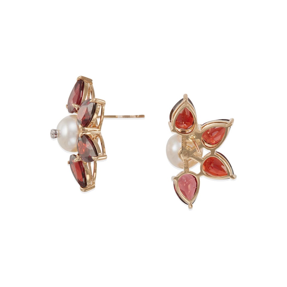 14K GOLD, GARNET, CULTURED PEARL, AND DIAMOND EARRINGS - 2