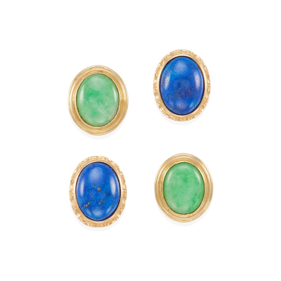 TWO PAIRS OF GOLD, JADE AND LAPIS LAZULI EARRINGS (1 of 2)