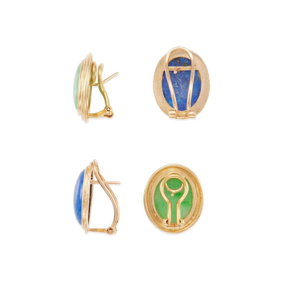 TWO PAIRS OF GOLD, JADE AND LAPIS LAZULI EARRINGS - 2