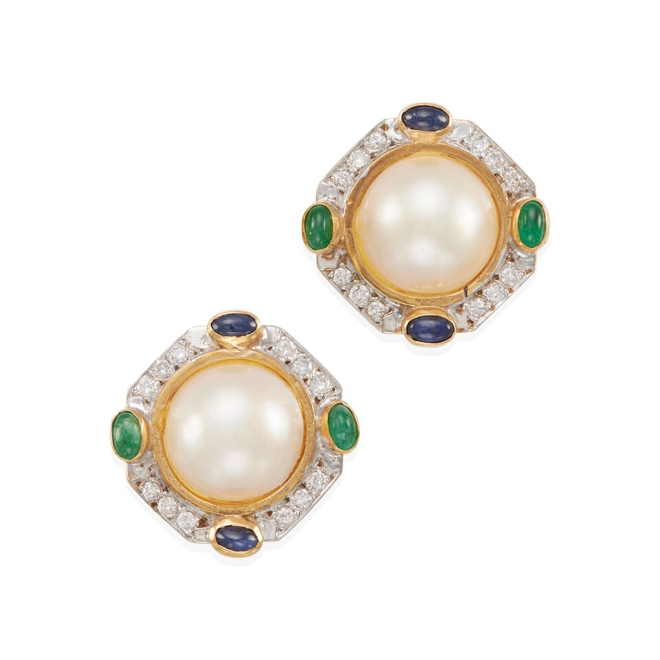 14K GOLD, MABE CULTURED PEARL AND GEM-SET EARRINGS (1 of 2)