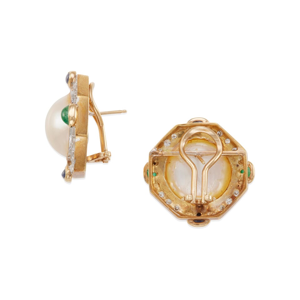 14K GOLD, MABE CULTURED PEARL AND GEM-SET EARRINGS - 2