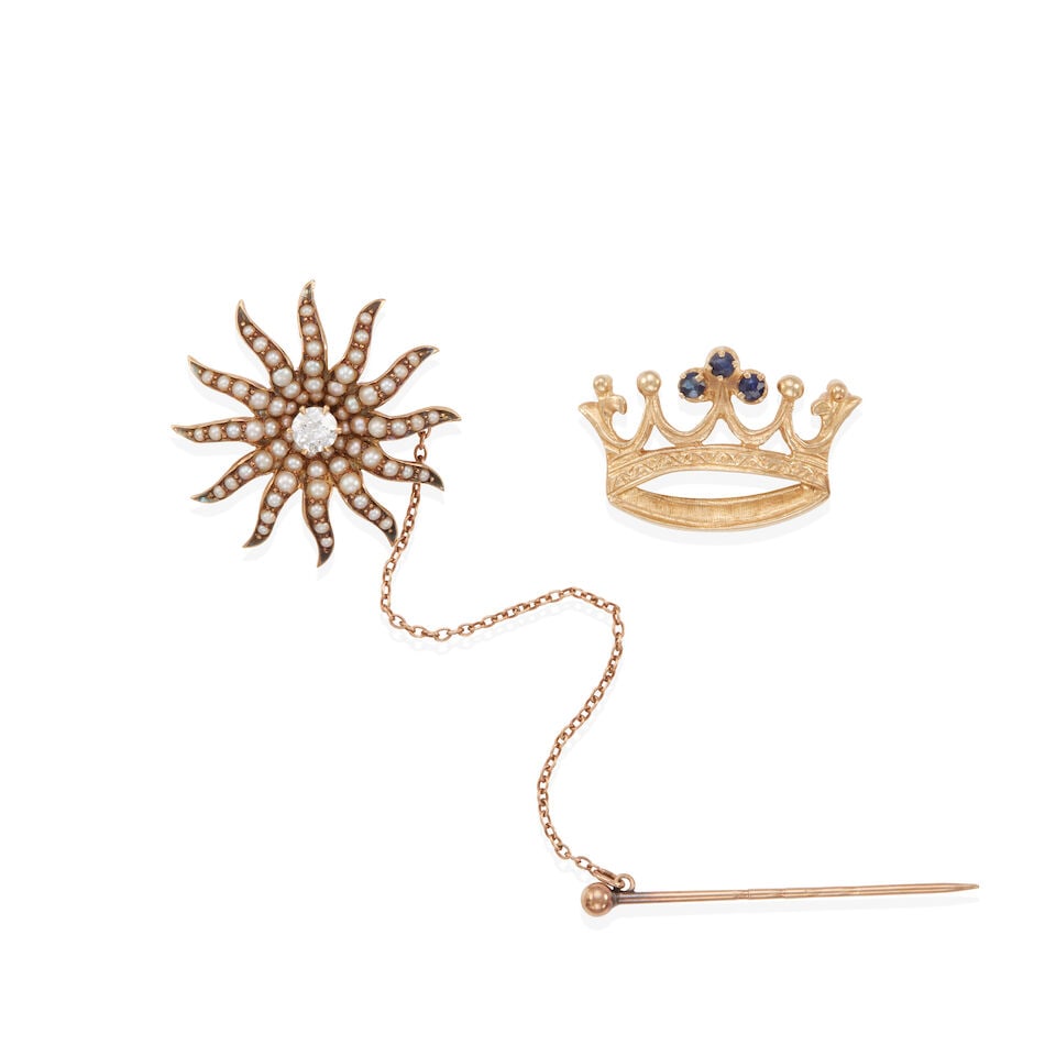 TWO 14K GOLD GEM-SET BROOCHES: TWO 14K GOLD GEM-SET BROOCHES • One antique brooch/pendant with numerous cultured pearls and 1 round diamond weighing approximately 0.20 - 0.30 carat, makers mark for Solinger & Co., measures 1