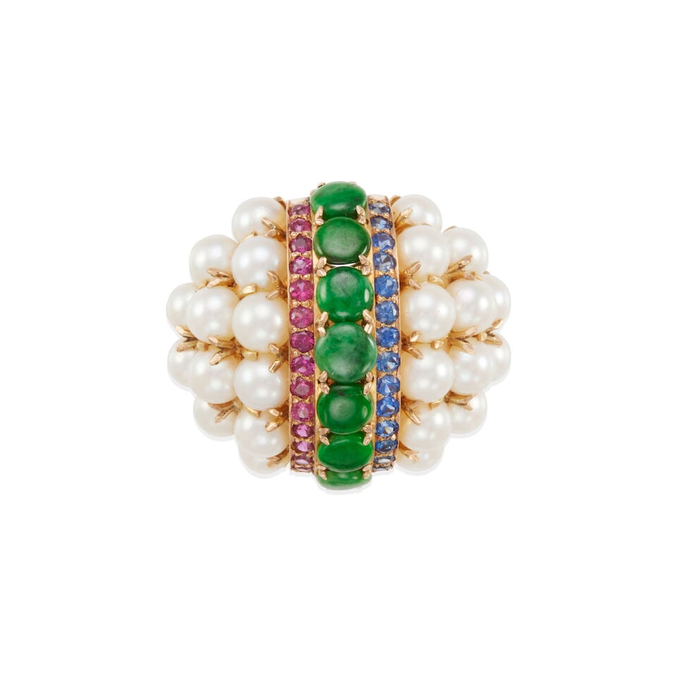10K GOLD AND MULTI-GEM BROOCH: 10K GOLD AND MULTI-GEM BROOCH • 10k yellow gold • Numerous round cultured pearls 5.10 - 5.60mm • Numerous round jade cabochons 5.63 - 6.16mm • Numerous round rubies weighing ap