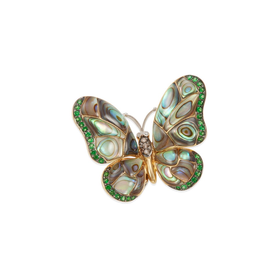18K GOLD SHELL, TSAVORITE GARNET, AND FANCY COLOR DIAMOND BUTTERFLY PENDANT/BROOCH (1 of 2)