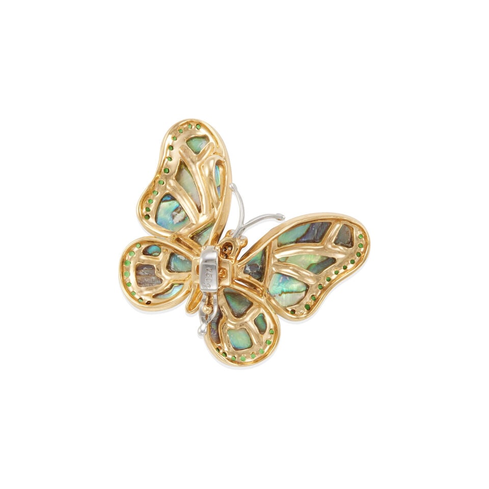 18K GOLD SHELL, TSAVORITE GARNET, AND FANCY COLOR DIAMOND BUTTERFLY PENDANT/BROOCH - 2
