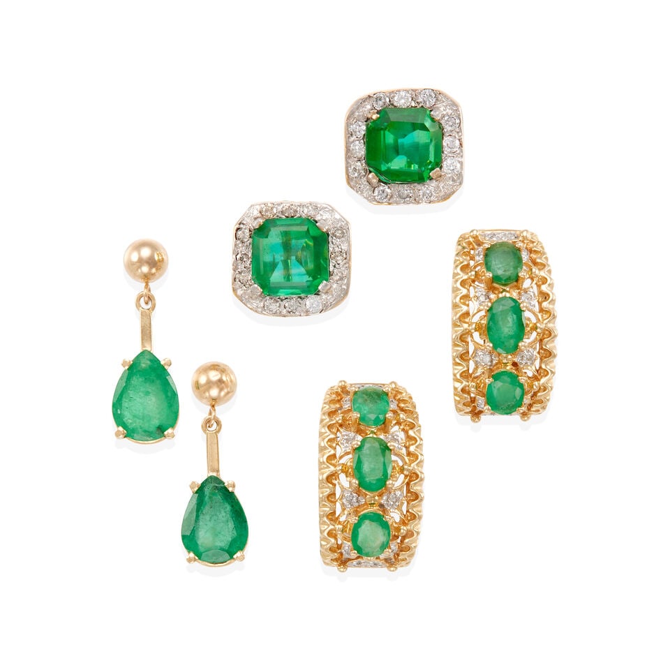 THREE PAIRS OF GOLD, DIAMOND, EMERALD, AND GLASS TRIPLET EARRINGS (1 of 2)