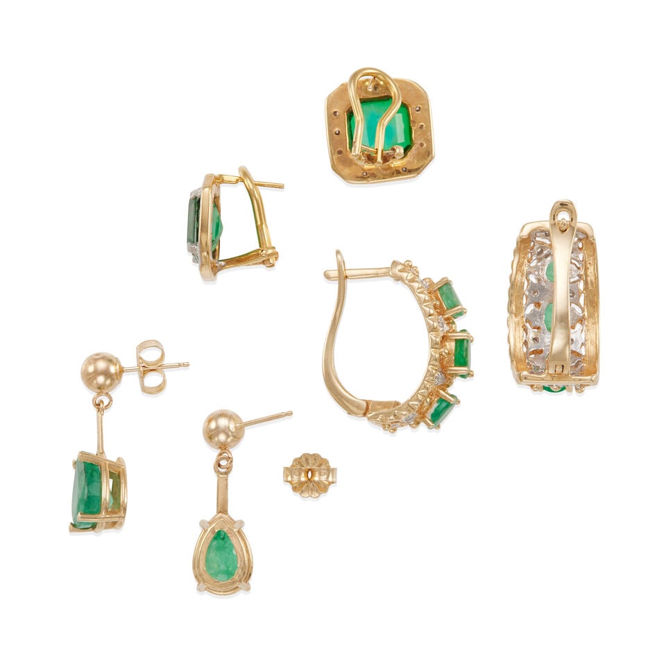 THREE PAIRS OF GOLD, DIAMOND, EMERALD, AND GLASS TRIPLET EARRINGS - 2