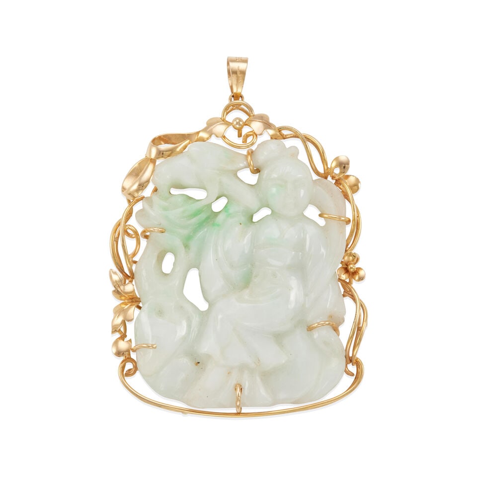 14K GOLD AND JADE PENDANT: 14K GOLD AND JADE PENDANT • 14k yellow gold • 1 carved and pierced jade measuring 48.00 x 38.00 mm • Dimensions:2 ½ in x 1 13/16 in • Estimated gross weight: 37.2