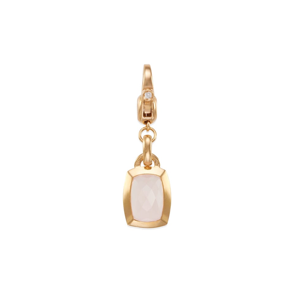 VALENTE: 18K GOLD, ROSE QUARTZ, AND DIAMOND PENDANT: VALENTE: 18K GOLD, ROSE QUARTZ, AND DIAMOND PENDANT • 18k yellow gold • 1 cushion shape checkerboard rose quartz weighing approximately 4.00 - 4.10 carats, (11.54 x 8.00 x 6.70