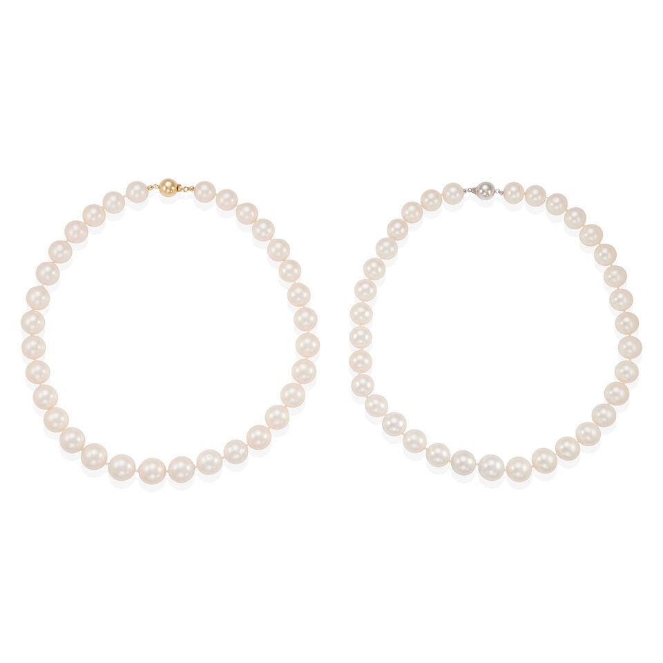 TWO 14K GOLD AND CULTURED PEARL STRAND NECKLACES: TWO 14K GOLD AND CULTURED PEARL STRAND NECKLACES • One necklace of 14k yellow gold and numerous round cultured pearls 12.37 mm., measures 18 in. • One necklace of 14k white gold and