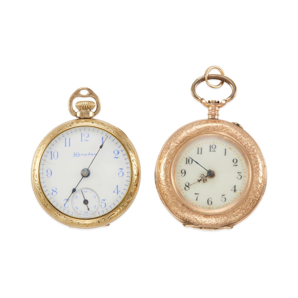 TWO 14K GOLD POCKET WATCHES: TWO 14K GOLD POCKET WATCHES • One pocket watch of 14k rose gold, with red, yellow and blue enamel floral details, mechanical movement, measures 3/4 x 1 1/8 in. • One pocket watch of 14k ye