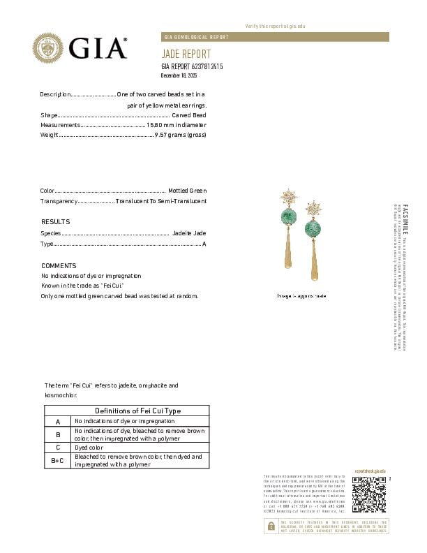 PAIR OF 14K GOLD, DIAMOND AND JADE EARRINGS WITH GIA REPORT - 4