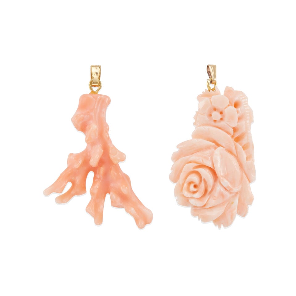 TWO CORAL PENDANTS: TWO CORAL PENDANTS • One coral branch pendant with base metal bail, measures 1 1/2 x 1 2/8 in. • One carved floral coral pendant with gold filled bail, measures 1 1/2 x 1 in. •