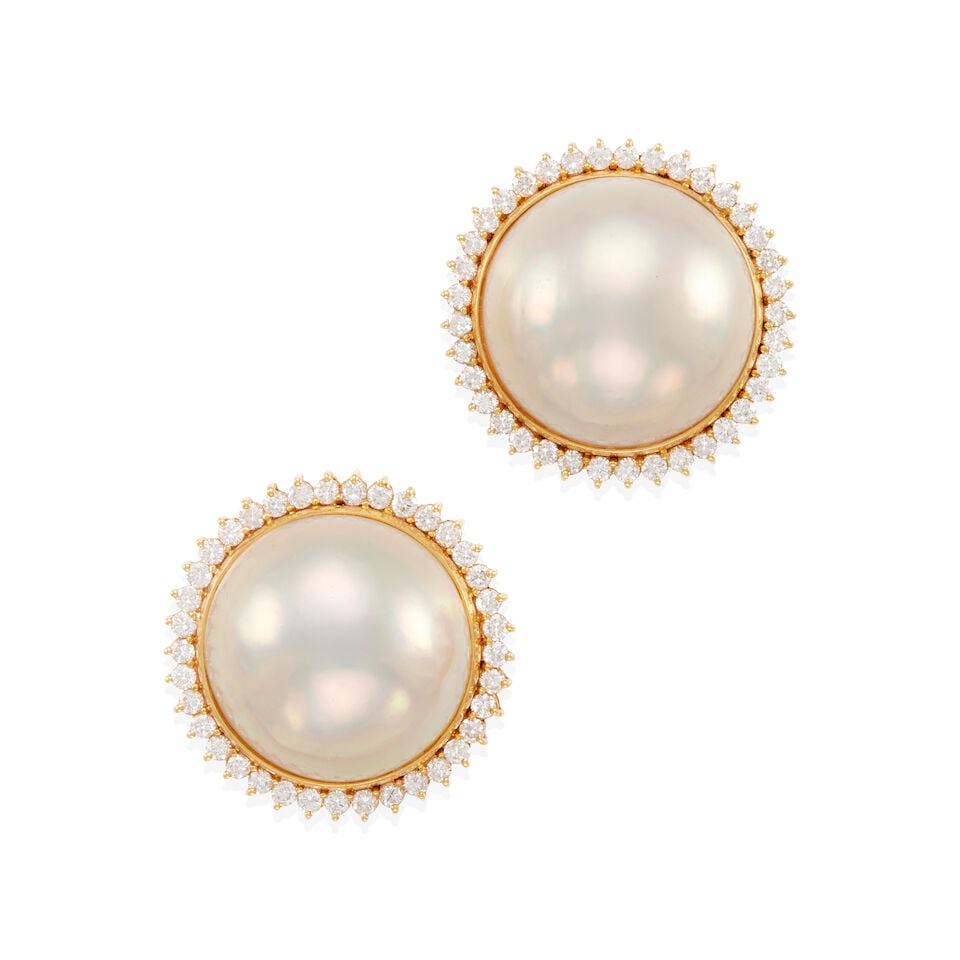 PAIR OF 18K GOLD, DIAMOND AND CULTURED PEARL EARRINGS/EARCLIPS: PAIR OF 18K GOLD, DIAMOND AND CULTURED PEARL EARRINGS/EARCLIPS • 18k yellow gold • Numerous round diamonds weighing approximately 2.15 - 2.25 carat total • 2 Mabe cultured pearls