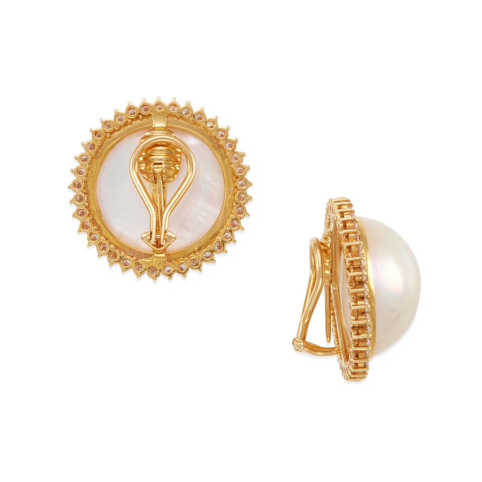 PAIR OF 18K GOLD, DIAMOND AND CULTURED PEARL EARRINGS/EARCLIPS - 2