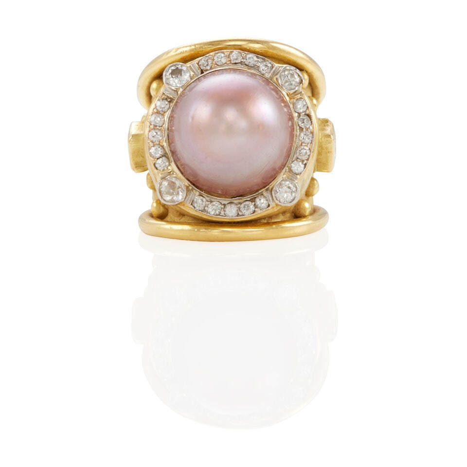 DENISE ROBERGE: 18K BICOLOR GOLD, CULTURED PEARL, AND DIAMOND RING: DENISE ROBERGE: 18K BICOLOR GOLD, CULTURED PEARL, AND DIAMOND RING • 18k yellow and white gold • 1 spherical undrilled cultured pearl measuring approximately 13.60 mm • 2 kite