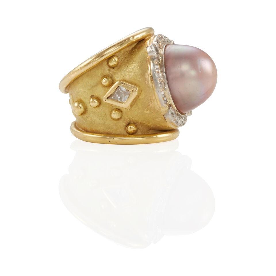 DENISE ROBERGE: 18K BICOLOR GOLD, CULTURED PEARL, AND DIAMOND RING - 2