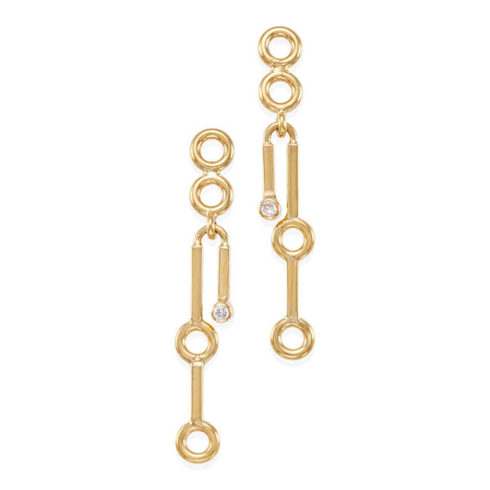 16K GOLD AND DIAMOND PENDANT EARRINGS: 16K GOLD AND DIAMOND PENDANT EARRINGS • 16k yellow gold • 2 round diamonds weighing approximately 0.05 - 0.10 carats total • Length: 1 7/8 in • Estimated gross weight: 8.8