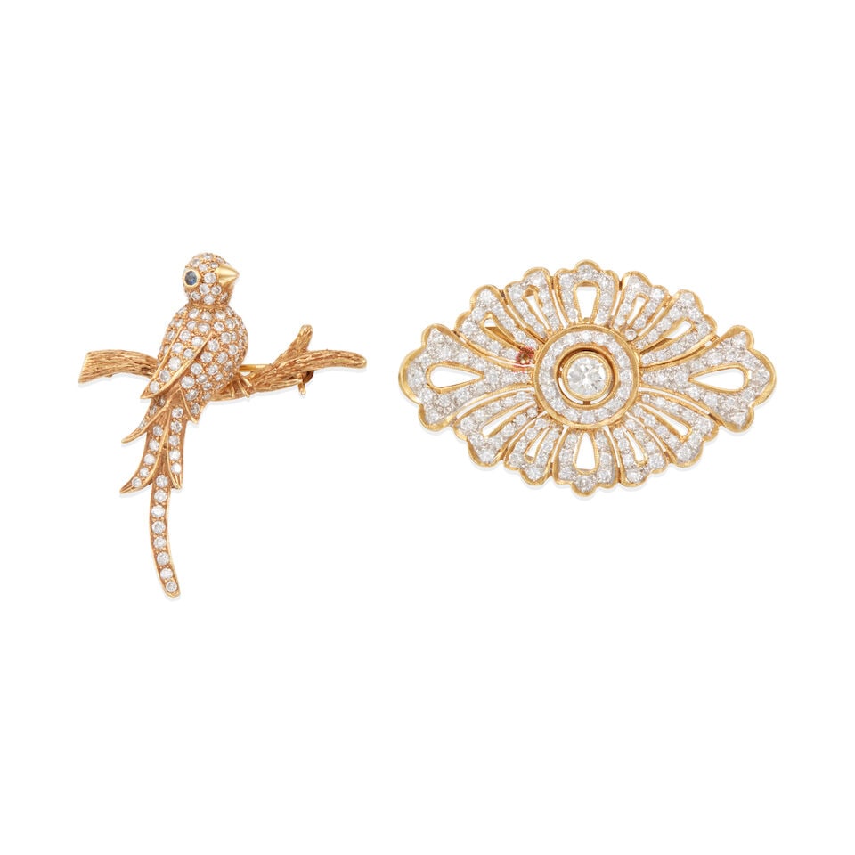 TWO GOLD AND DIAMOND BROOCHES: TWO GOLD AND DIAMOND BROOCHES • One plaque brooch of 14k yellow and white gold with numerous round diamonds weighing approximately 0.95 - 1.05 carat total, measures 1 5/8 x 1 in. • One