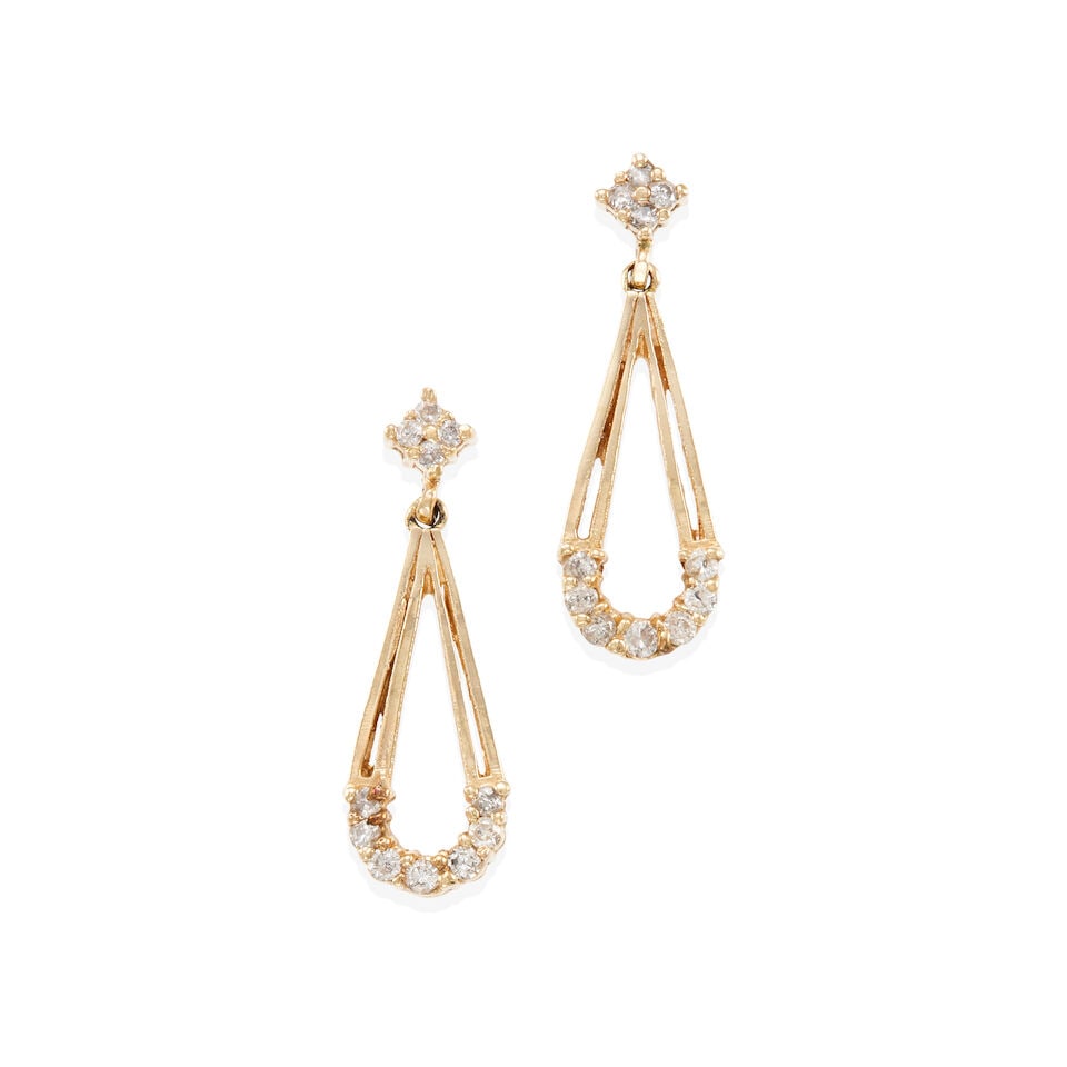 PAIR OF 14K GOLD AND DIAMOND EARRINGS: PAIR OF 14K GOLD AND DIAMOND EARRINGS • 14k yellow gold • Numerous round diamonds weighing approximately 0.30 - 0.40 carat total • Measures 1 1/4 X 7/16 in. • Estimated gross
