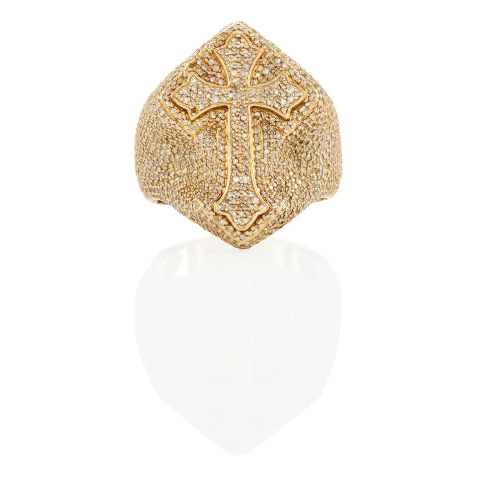 10K GOLD AND DIAMOND CROSS MOTIF RING: 10K GOLD AND DIAMOND CROSS MOTIF RING • 10k yellow gold • Numerous round diamonds weighing approximately 1.35 - 1.45 carat total • Inscribed Mr. Exclusive • Size 10