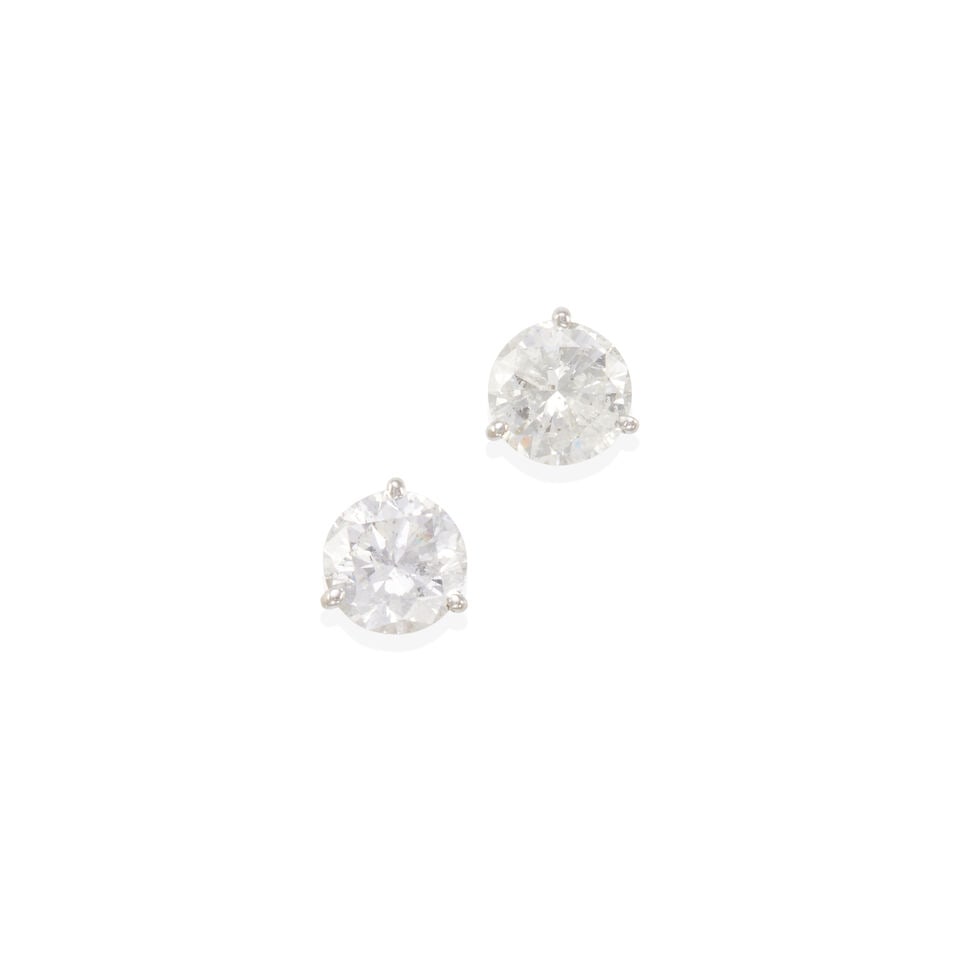 14K WHITE GOLD AND DIAMOND EARRINGS: 14K WHITE GOLD AND DIAMOND EARRINGS • 14k white gold • 2 round brilliant diamonds weighing approximately 3.80 - 3.85 carats total • Length: 5/16 in • Estimated gross weight: