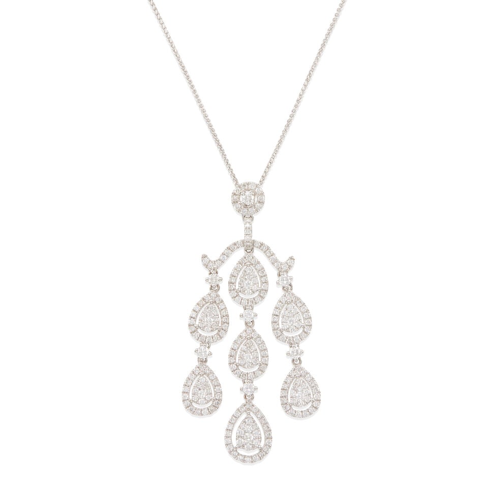 VIVID: WHITE GOLD AND DIAMOND PENDANT NECKLACE: VIVID: WHITE GOLD AND DIAMOND PENDANT NECKLACE • 18k white gold pendant, 14k white gold chain • Numerous round diamonds weighing approximately 1.50 - 1.55 carats total • Length: