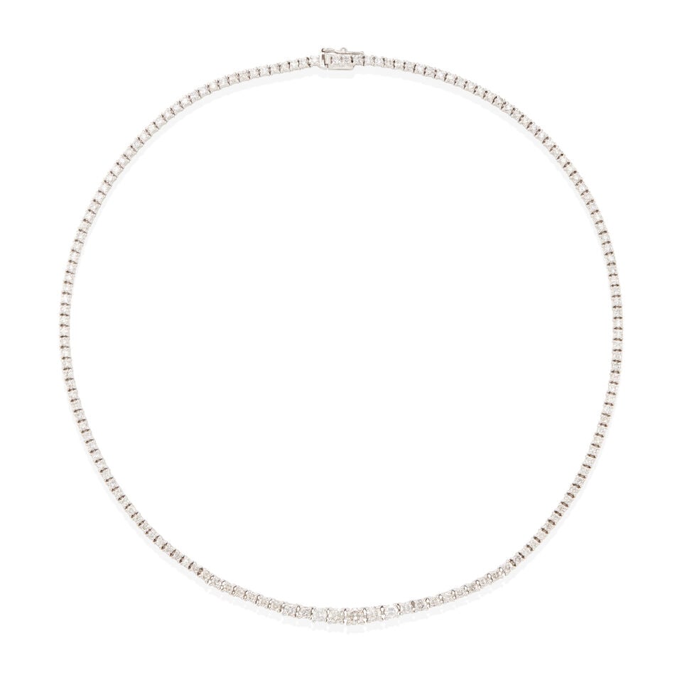 PLATINUM AND DIAMOND NECKLACE: PLATINUM AND DIAMOND NECKLACE • Platinum • Numerous round diamonds weighing approximately 4.05 - 4.15 carats total • Length 16 in. • Estimated gross weight: 22.8