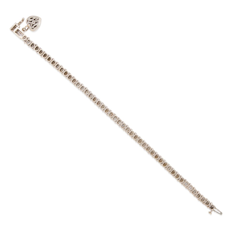 14K WHITE GOLD AND DIAMOND STRAIGHT-LINE BRACELET WITH CHARM - 2