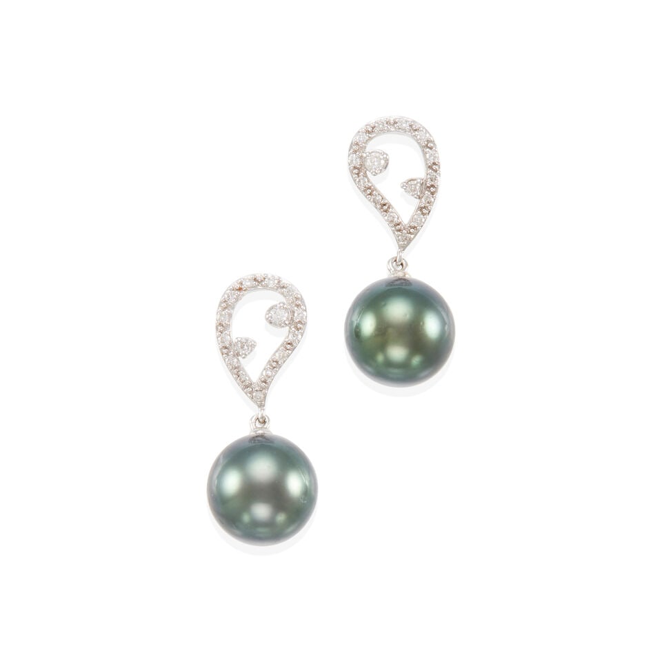PAIR 14K GOLD, DIAMOND AND CULTURED PEARL EARRINGS: PAIR 14K GOLD, DIAMOND AND CULTURED PEARL EARRINGS • 14k white gold • 30 diamonds stated to weigh 0.18 carat total • 2 round cultured pearls 9-10mm • Measures 15/16 x 3/8