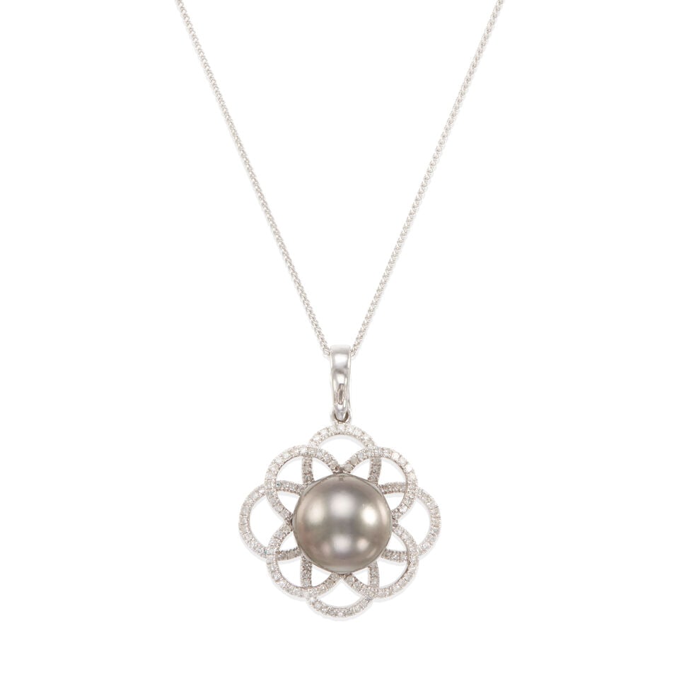 WHITE GOLD, CULTURED PEARL, AND DIAMOND PENDANT NECKLACE: WHITE GOLD, CULTURED PEARL, AND DIAMOND PENDANT NECKLACE • 14k white gold pendant, 18k white gold chain • 1 spherical half-drilled cultured pearl measuring 11.70 mm • Numerous round
