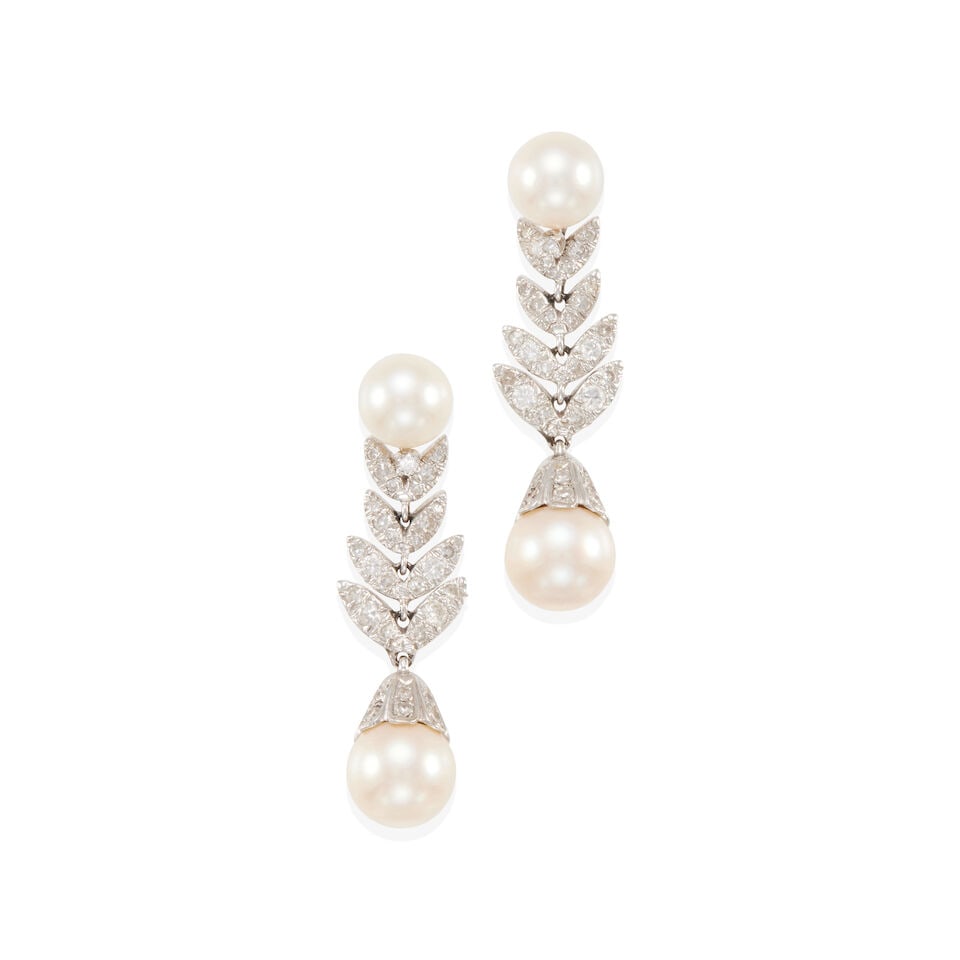 14K GOLD, DIAMOND AND CULTURED PEARL EARRINGS: 14K GOLD, DIAMOND AND CULTURED PEARL EARRINGS • 14k white gold • Numerous round diamonds weighing approximately 0.55 - 0.65 carat total • 4 round cultured pearls 7.70 -