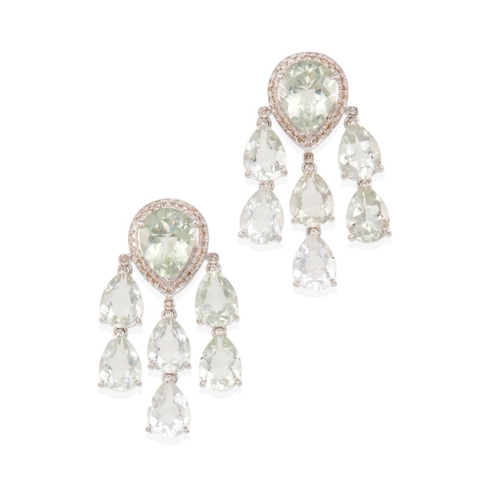 PAIR OF PLATINUM, PRASIOLITE, AND DIAMOND EARRINGS: PAIR OF PLATINUM, PRASIOLITE, AND DIAMOND EARRINGS • 950 Platinum • 14 pear shape Prasiolites weighing approximately 17.20 - 17.25 carats total • Numerous round diamonds weighing