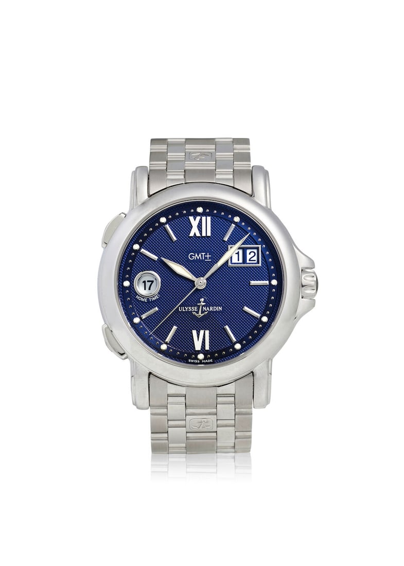 ULYSSE NARDIN. A STAINLESS STEEL AUTOMATIC CALENDAR WRISTWATCH WITH DUAL TIME ZONE San Marco - D... (1 of 3)