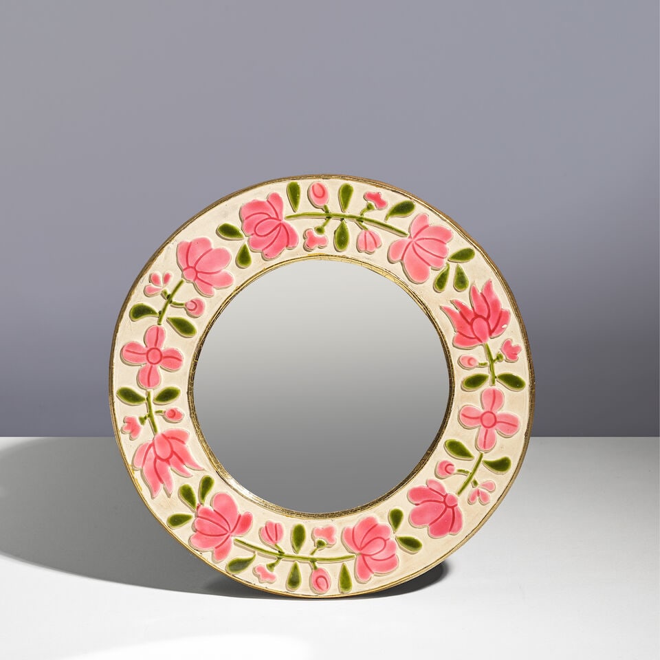 MITHÉ ESPELT (1923-2020) Miroir Romantique: MITHÉ ESPELT (1923-2020) Miroir Romantique Circa 1965 Faïence émaillée et verre miroité D: 24 cm. (9.1/2 in.); P: 0,8 cm. (.1/4 in.) A 'Romantique' mirror in glazed earthenwar