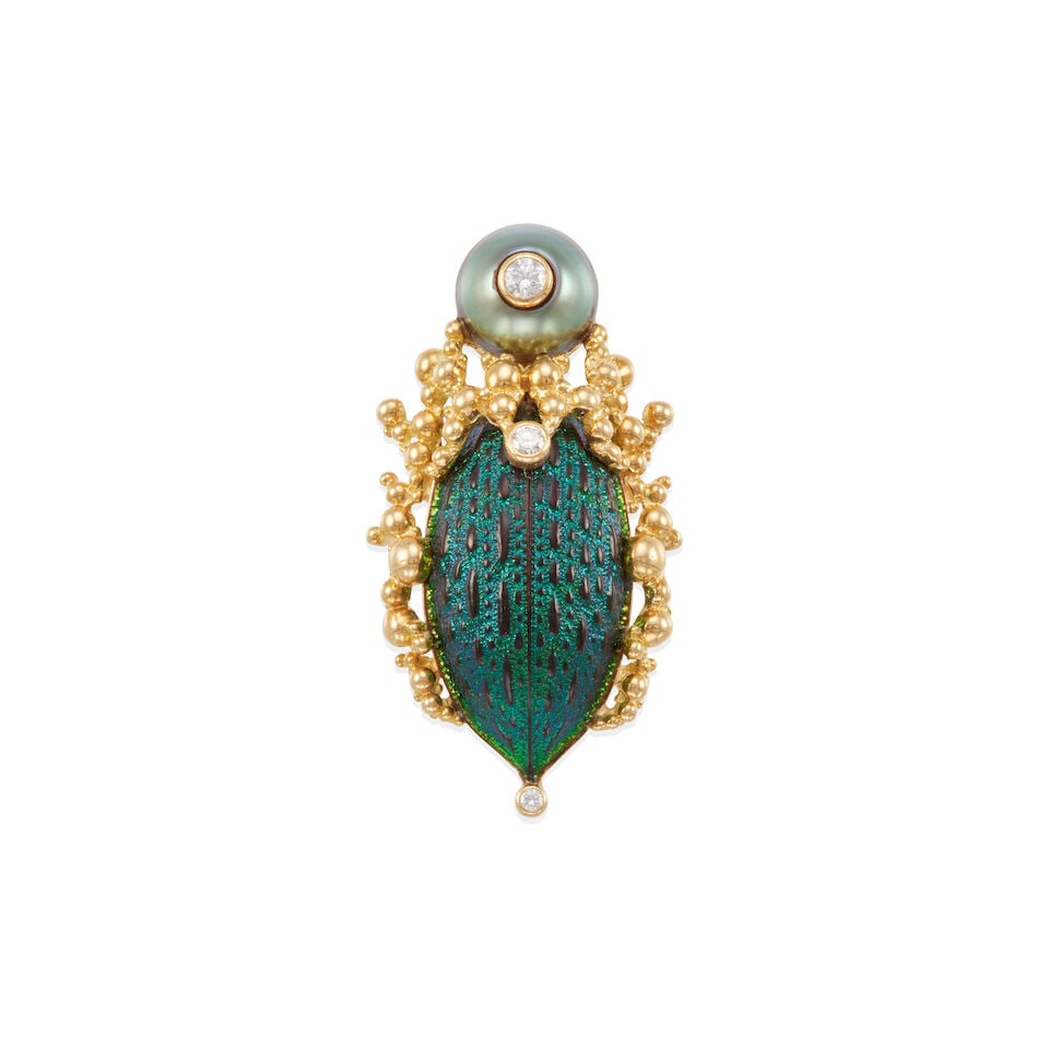 GILBERT ALBERT: 18K GOLD, DIAMOND, AND MULTI-GEM BROOCH (1 of 2)
