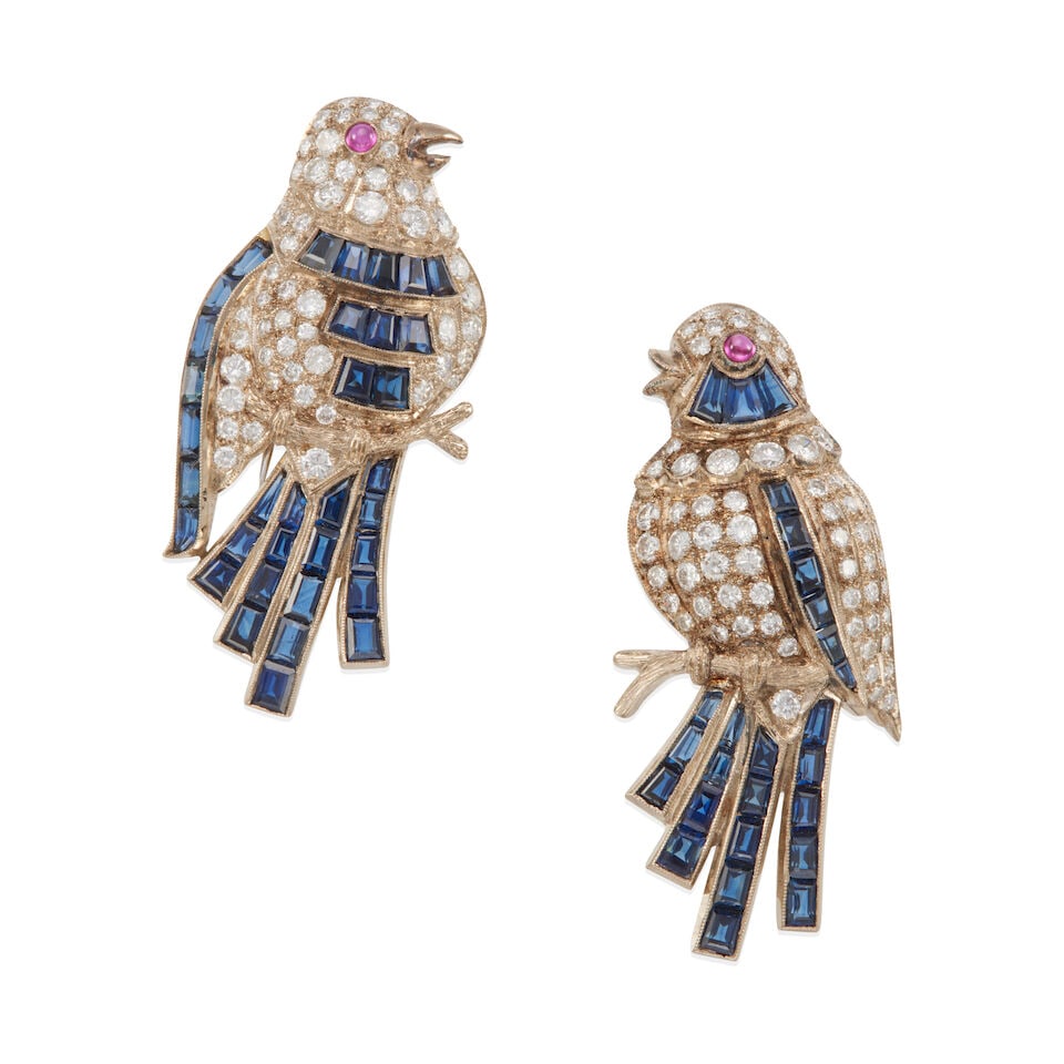 18K GOLD, DIAMOND, AND MULTI-GEM BIRD CLIPS/BROOCH - 2