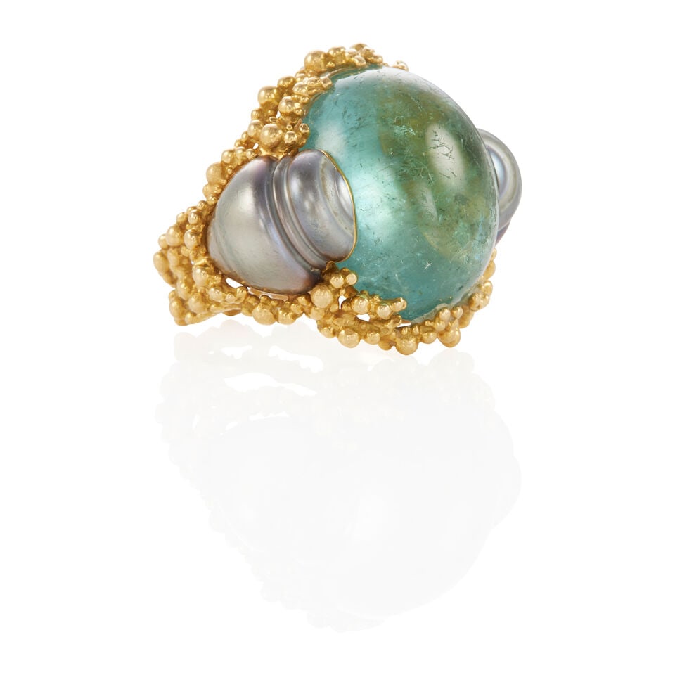 GILBERT ALBERT: 18K GOLD, AQUAMARINE AND CULTURED PEARL RING - 2