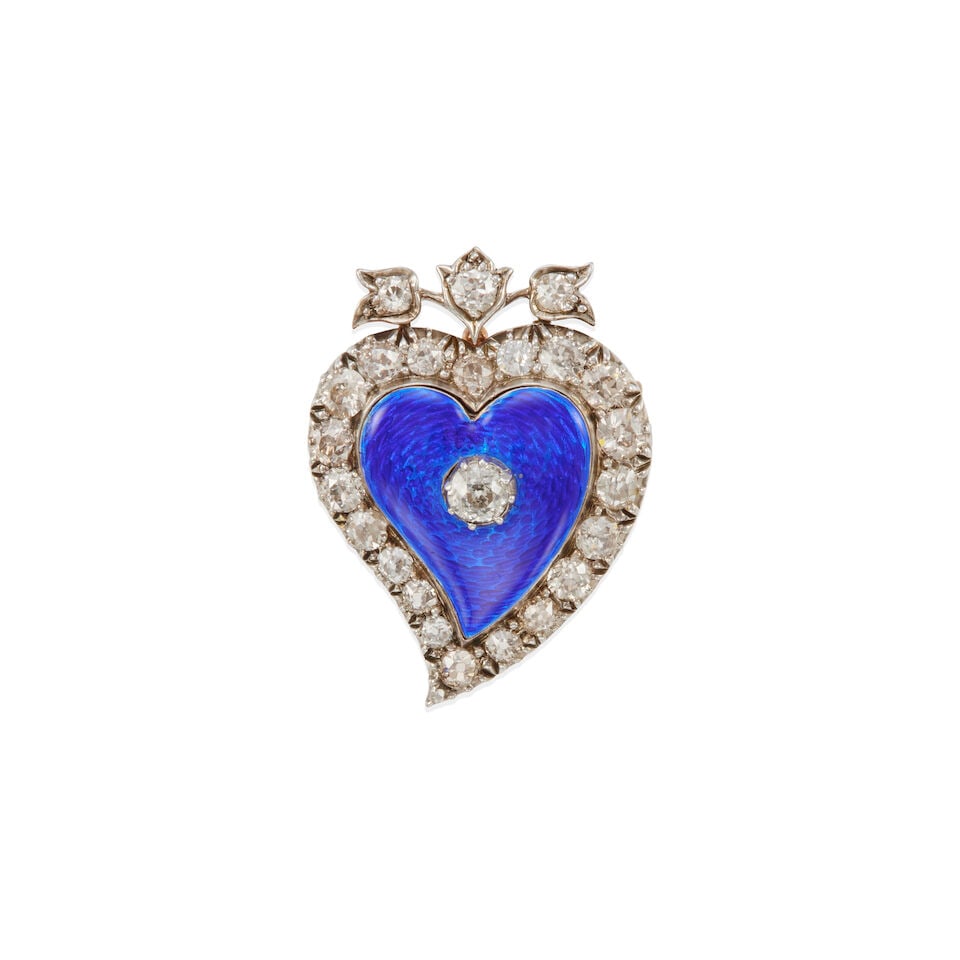 10K GOLD, SILVER, DIAMOND, AND ENAMEL ASSYMETRICAL HEART BROOCH (1 of 2)