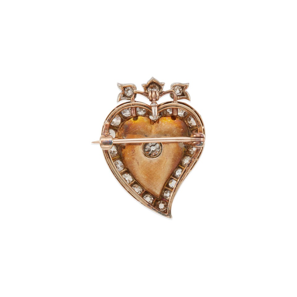 10K GOLD, SILVER, DIAMOND, AND ENAMEL ASSYMETRICAL HEART BROOCH - 2