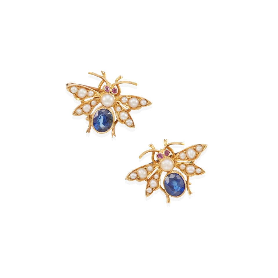 TWO 15K GOLD, PEARL, SAPPHIRE, AND RUBY BEE PINS (1 of 2)