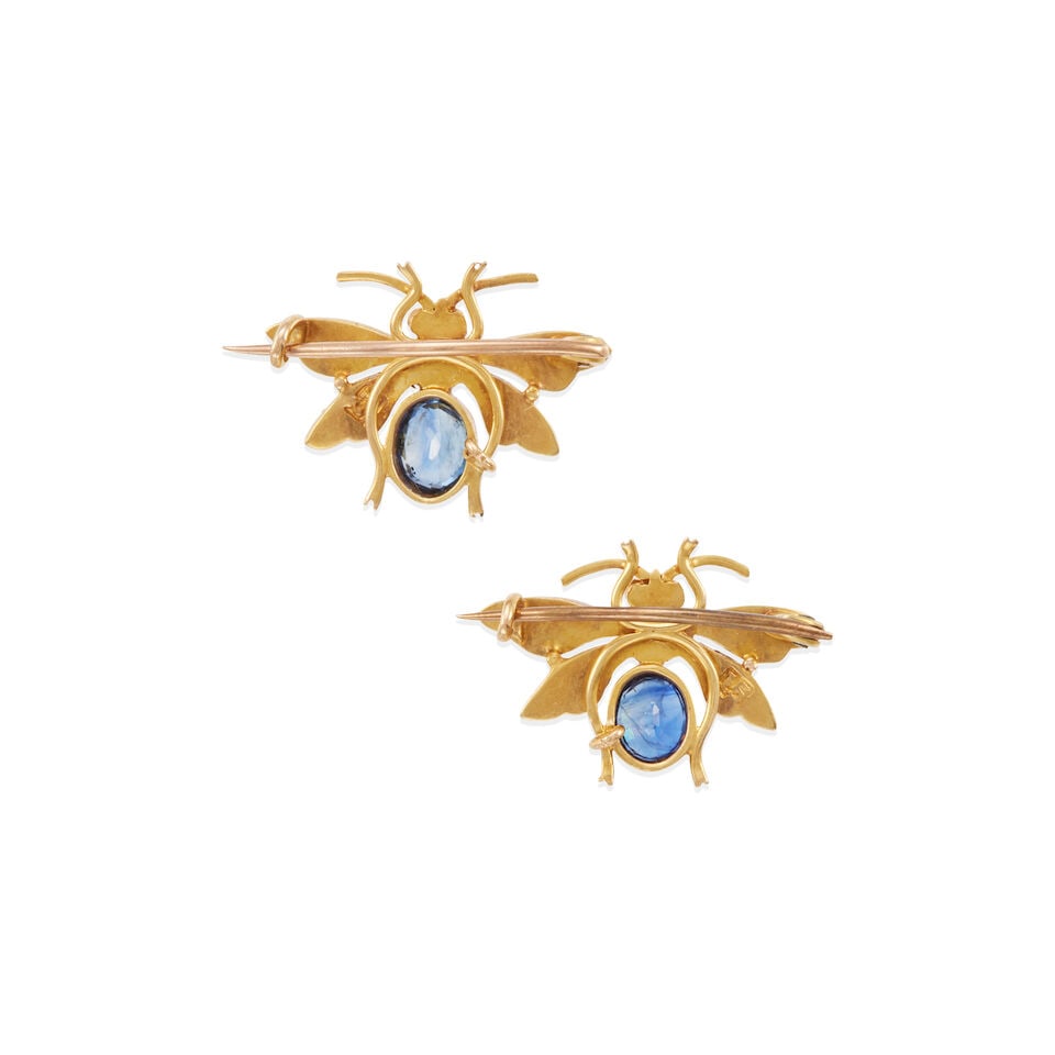 TWO 15K GOLD, PEARL, SAPPHIRE, AND RUBY BEE PINS - 2