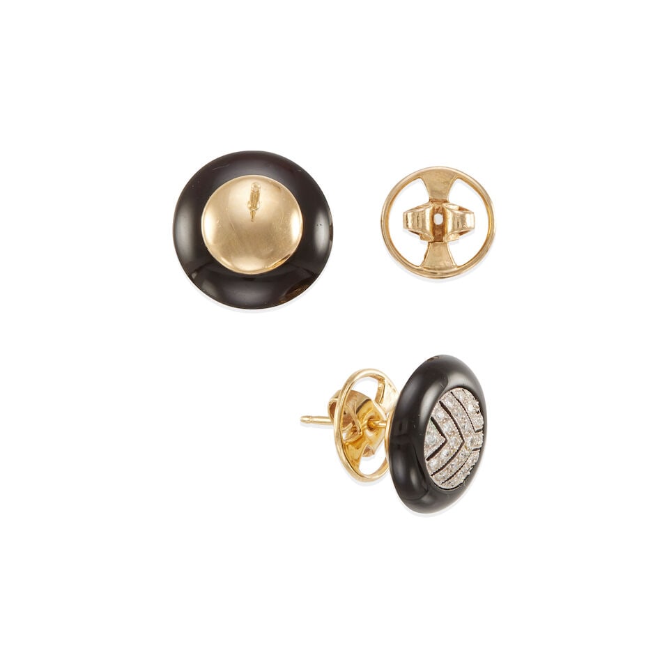 PAIR 18K BICOLOR GOLD, ONYX, AND DIAMOND EARRINGS - 2