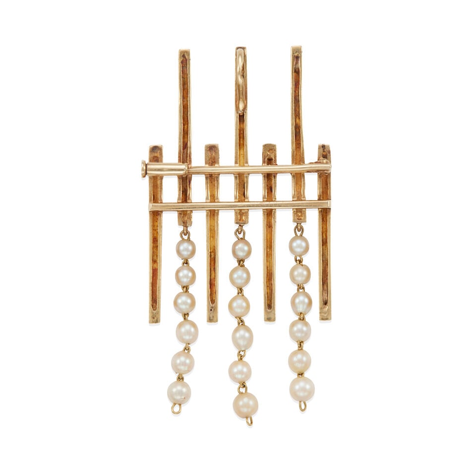 BRUTALIST 18K GOLD AND CULTURED PEARL PENDANT/BROOCH - 2