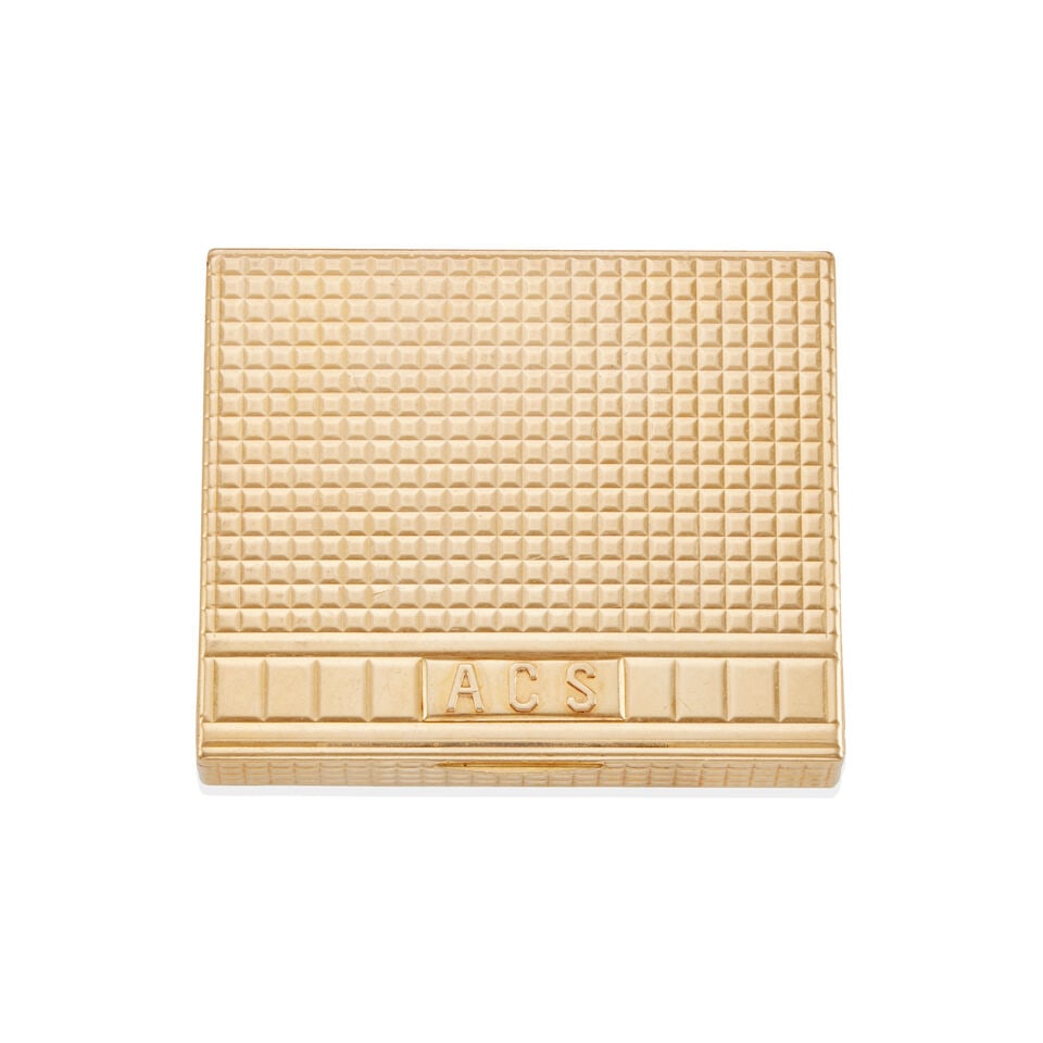 14K GOLD COMPACT: 14K GOLD COMPACT • 14k yellow gold • Initials 'A.C.S.' • Dimensions: 2 13/16 x 2 3/8 x ½ in. • Estimated gross weight: 102.8 grams Footnotes: Overall condition, very