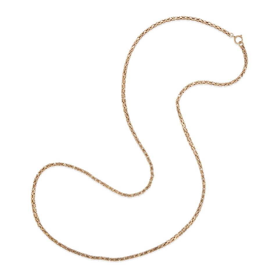 10K GOLD BYZANTINE CHAIN NECKLACE: 10K GOLD BYZANTINE CHAIN NECKLACE • 10k yellow gold • Length 31 1/2 in. • Estimated gross weight: 39.5 grams Footnotes: Overall condition, very good Metal tested for 10k gold Superfi